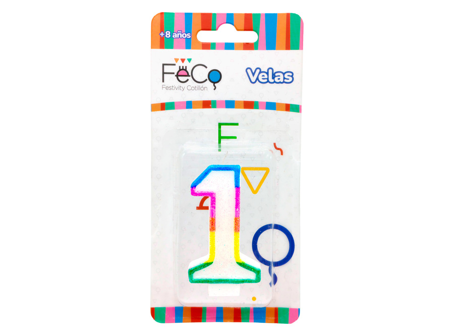  VELA CUMPLEAOS N.  1 X 1 UN C/GLITER FECO 