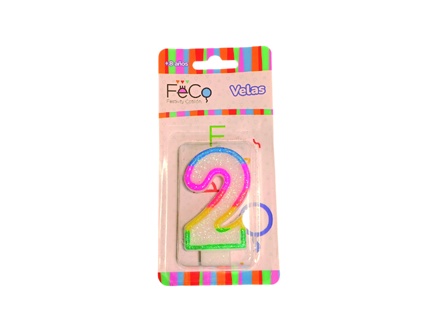  VELA CUMPLEAOS N.  2 X 1 UN C/GLITER FECO 