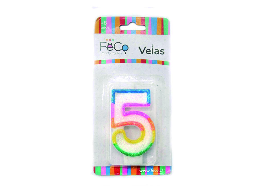  VELA CUMPLEAOS N.  5 X 1 UN C/GLITER FECO 
