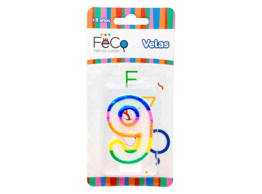  VELA CUMPLEAOS N.  9 X 1 UN C/GLITER FECO 